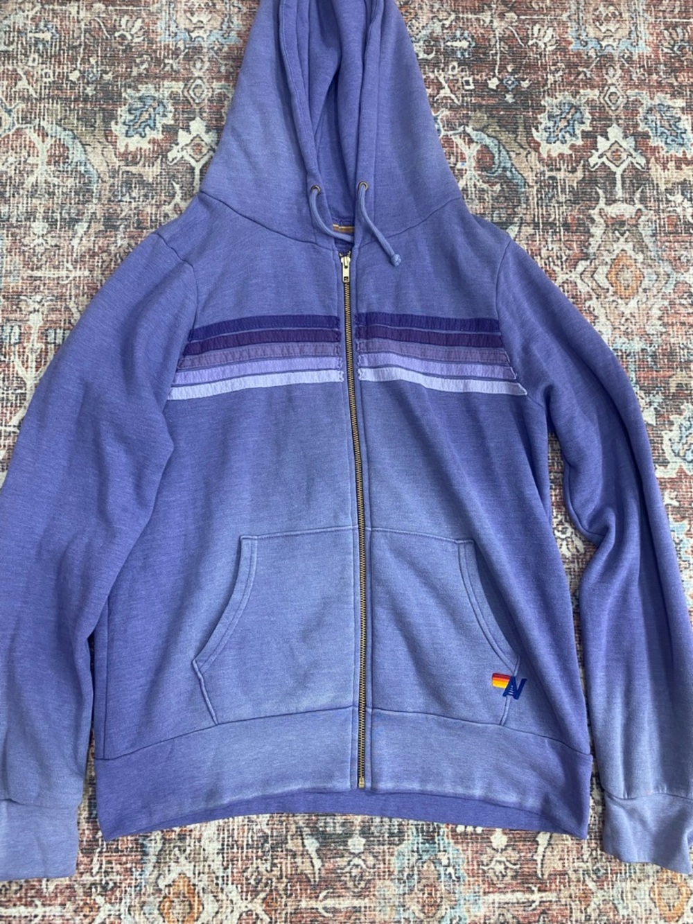 Aviator Nation 5 stripe zip up hoodie in faded grape L retro surf luxe-casual - Picture 3 of 8